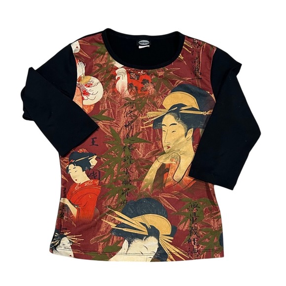 Entrancy Tops - Vintage Entrancy Geisha Graphic Print Top 3/4 Sleeve